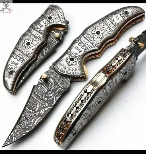7.5" inches HAND FORGED Damascus Steel Folding Pocket knife + Leather Sheath - ZB Knives Store