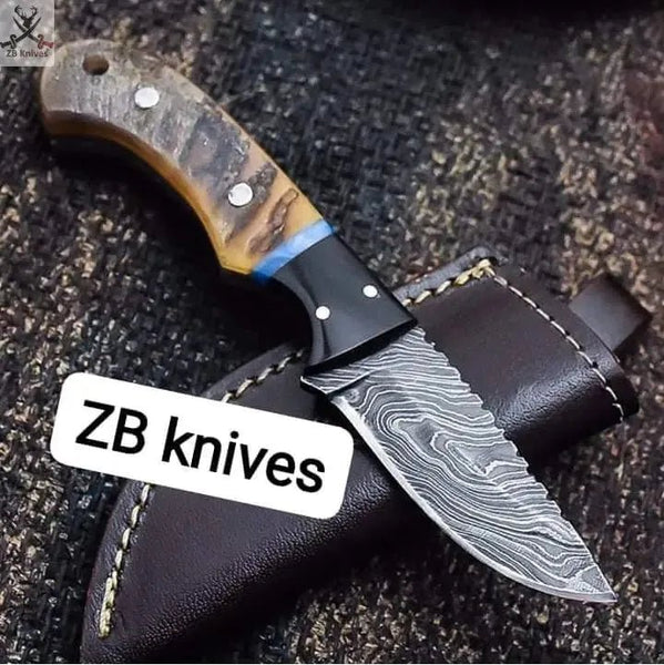 7.5"inches HAND FORGED Full Tang Damascus Steel Skinning Knife + Leather Sheath - ZB Knives Store