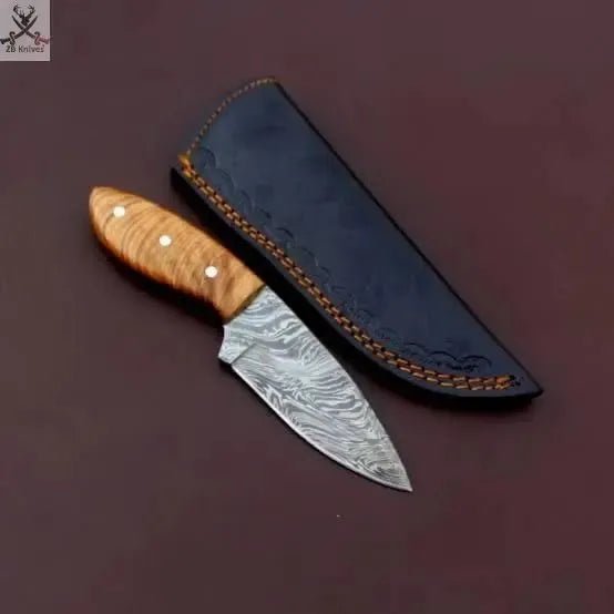 7.75" HAND FORGED Full Tang Damascus Steel Skinning knife + Leather Sheath - ZB Knives Store