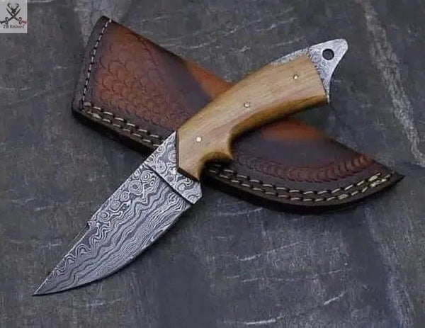 7.75" inches HAND FORGED Damascus Steel Skinning Knife + Leather Sheath - ZB Knives Store
