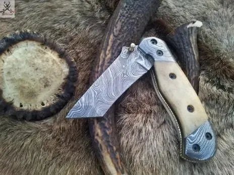 7" Inches HAND FORGED Damascus Steel Folding Pocket Knife+ Leather sheath - ZB Knives Store