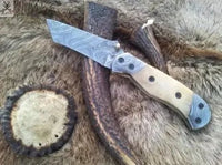 7" Inches HAND FORGED Damascus Steel Folding Pocket Knife+ Leather sheath - ZB Knives Store