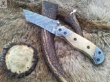 7" Inches HAND FORGED Damascus Steel Folding Pocket Knife+ Leather sheath - ZB Knives Store