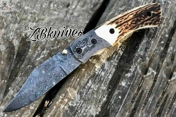 7" Inches HAND FORGED Full Tang Damascus Steel Folding Pocket Knife + leather sheath - ZB Knives Store