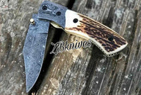 7" Inches HAND FORGED Full Tang Damascus Steel Folding Pocket Knife + leather sheath - ZB Knives Store