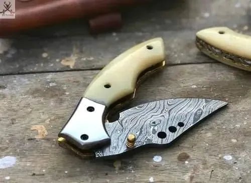 7" Inches HAND FORGED Full Tang Damascus Steel Folding Pocket Knife+ Leather sheath - ZB Knives Store