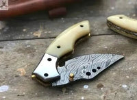 7" Inches HAND FORGED Full Tang Damascus Steel Folding Pocket Knife+ Leather sheath - ZB Knives Store