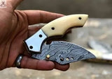7" Inches HAND FORGED Full Tang Damascus Steel Folding Pocket Knife+ Leather sheath - ZB Knives Store