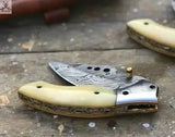 7" Inches HAND FORGED Full Tang Damascus Steel Folding Pocket Knife+ Leather sheath - ZB Knives Store