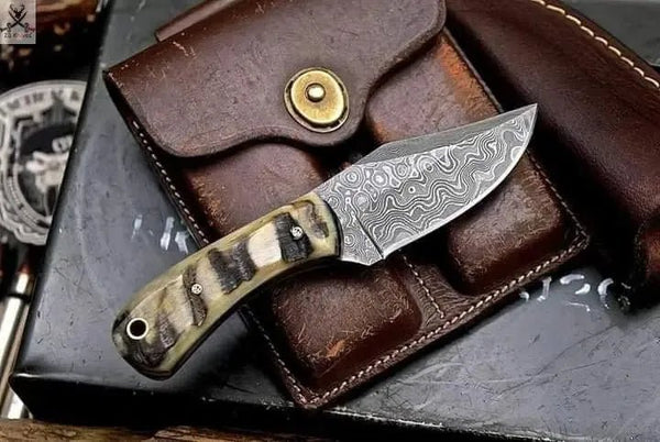 7" Inches HAND FORGED Full Tang Damascus Steel Skinning Knife+ Leather sheath - ZB Knives Store
