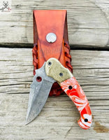 7" inches HAND FORGED Damascus Steel Folding Pocket Knife + leather sheath - ZB Knives Store