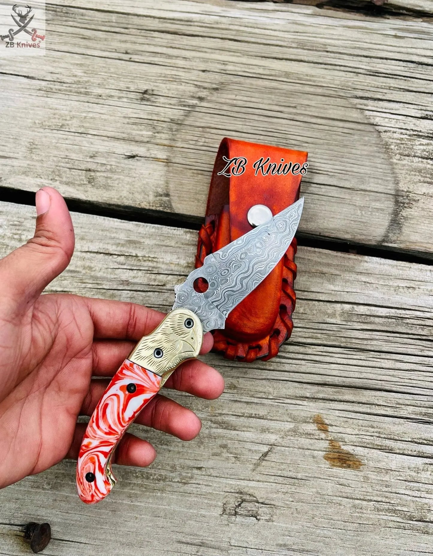 7" inches HAND FORGED Damascus Steel Folding Pocket Knife + leather sheath - ZB Knives Store