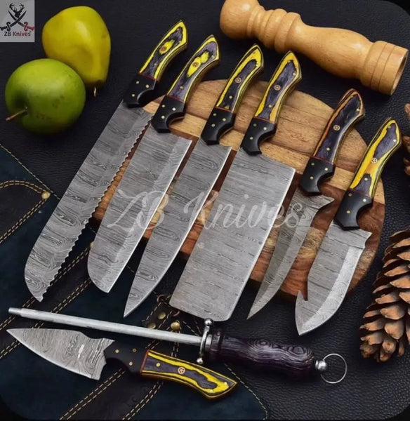 8 PCS HAND FORGED Fixed Blade Damascus Steel Master kitchen, Fillet or gut hook Knives + leather Roll kit - ZB Knives Store