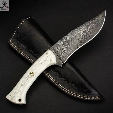 8.25" Inches HAND FORGED Full Tang Damascus Steel Skinning Knife+ Leather sheath - ZB Knives Store