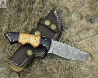 8.25" Inches HAND FORGED Full Tang Damascus Steel Skinning knife+ Leather sheath - ZB Knives Store
