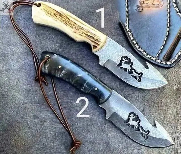 8.25" inches HAND FORGED Full Tang Damascus Steel Gut Hook Hunting Knife + Leather Sheath - ZB Knives Store