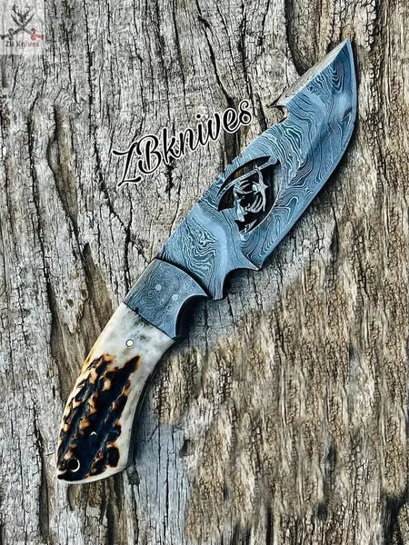 8.5" HAND FORGED Full Tang Damascus Steel Gut Hook Skinning Knife + leather sheath - ZB Knives Store