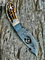 8.5" HAND FORGED Full Tang Damascus Steel Gut Hook Skinning Knife + leather sheath - ZB Knives Store