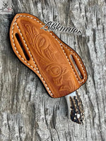 8.5" HAND FORGED Full Tang Damascus Steel Gut Hook Skinning Knife + leather sheath - ZB Knives Store