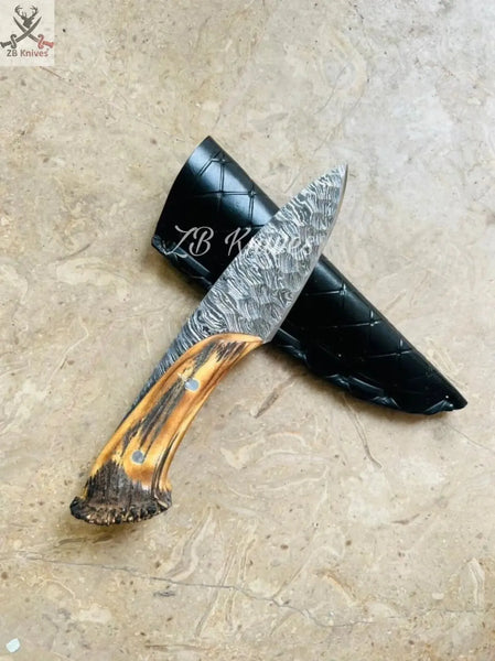 8.5" Inches HAND FORGED Deer Stag horn Full Tang Damascus steel Hunting Skinning Knife + leather sheath - ZB Knives Store