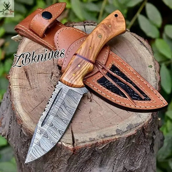 8.5" Inches HAND FORGED Full Tang Damascus Steel Hunting Knife + leather sheath - ZB Knives Store