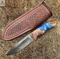 8.5" Inches HAND FORGED Full Tang Damascus Steel Hunting Knife+ Leather sheath - ZB Knives Store