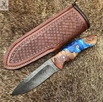 8.5" Inches HAND FORGED Full Tang Damascus Steel Hunting Knife+ Leather sheath - ZB Knives Store