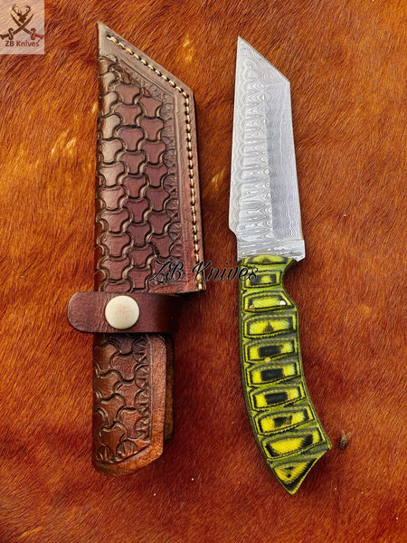 8.5" Inches HAND FORGED Full Tang Damascus Steel Tanto Knife+ Leather sheath - ZB Knives Store