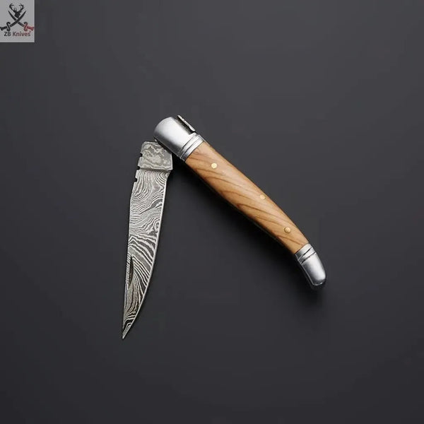 8.5" Inches approx HAND FORGED Full Tang Damascus Steel Folding Pocket Knife+ Leather sheath - ZB Knives Store