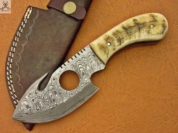 8.5" inches HAND FORGED Full Tang Damascus Steel Gut Hook Skinning Knife + Leather Sheath - ZB Knives Store