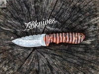 8.5" inches HAND FORGED Full Tang Damascus Steel Hunting Skinning Knife + leather sheath - ZB Knives Store
