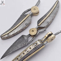 8.5"inches HAND FORGED Damascus Steel Folding Pocket knife + Leather Sheath - ZB Knives Store