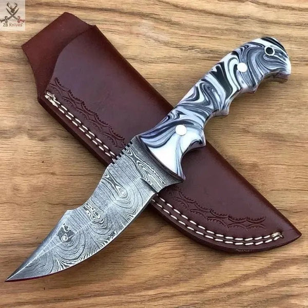 8.5"inches HAND FORGED Full Tang Damascus Steel Hunting Knife + Leather Sheath - ZB Knives Store
