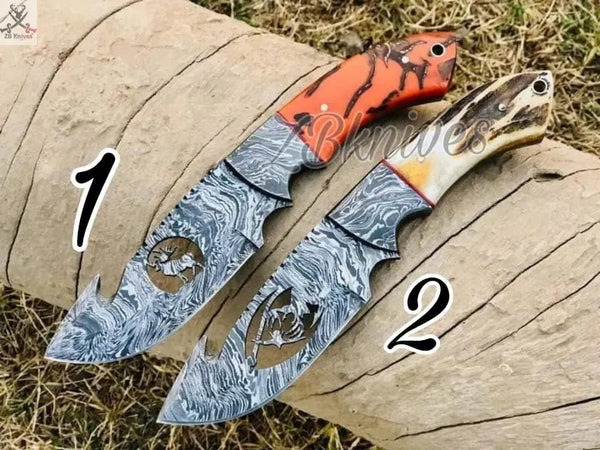 8.75" Inches HAND FORGED Full Tang Damascus Steel Hunting Knife + leather sheath - ZB Knives Store