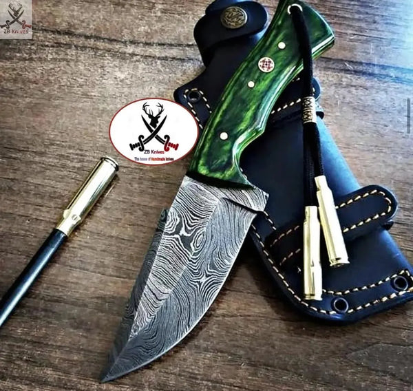 8" HAND FORGED Full Tang Damascus Steel Skinning knife + Leather Sheath - ZB Knives Store