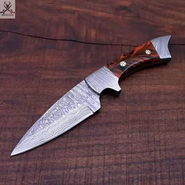 8" HAND FORGED Full Tang Damascus Steel Skinning knife + Leather Sheath - ZB Knives Store