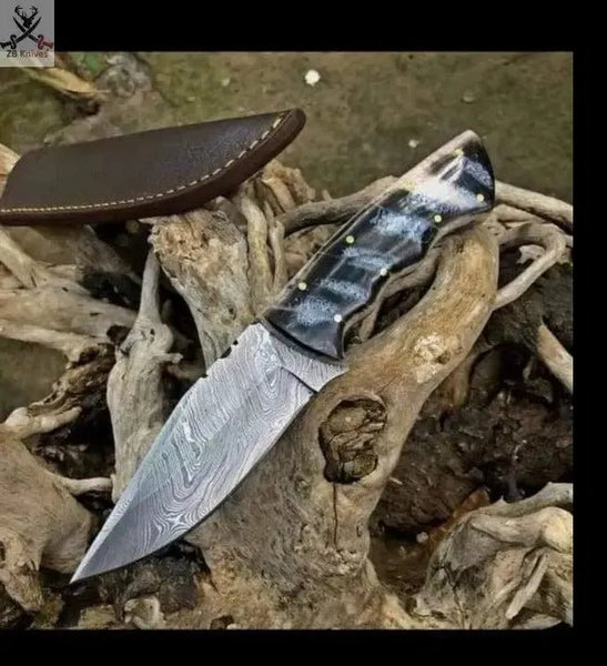 8" HAND FORGED Full Tang Damascus Steel Skinning knife + Leather Sheath - ZB Knives Store