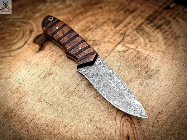 8" HAND FORGED Full Tang Damascus Steel Skinning knife + Leather Sheath - ZB Knives Store