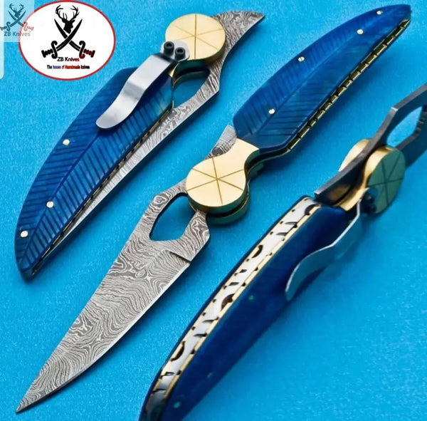 8" Inches HAND FORGED Damascus Steel Folding Pocket knife+ Leather sheath - ZB Knives Store