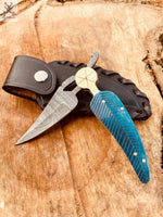8" Inches HAND FORGED Damascus Steel Folding Pocket knife+ Leather sheath - ZB Knives Store