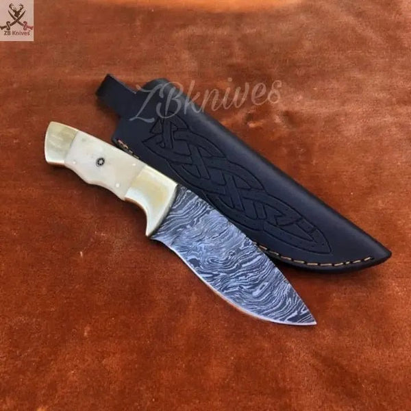 8" Inches HAND FORGED Damascus Steel Skinning Knife + leather sheath - ZB Knives Store