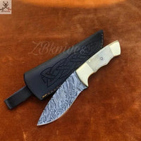 8" Inches HAND FORGED Damascus Steel Skinning Knife + leather sheath - ZB Knives Store