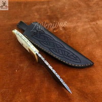8" Inches HAND FORGED Damascus Steel Skinning Knife + leather sheath - ZB Knives Store