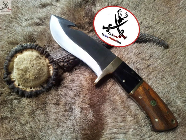 8" Inches HAND FORGED Full Tang 1095 High Carbon Steel Gut Hook Skinning Knife+ Leather sheath - ZB Knives Store