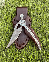8" Inches HAND FORGED Full Tang Damascus Steel Folding Pocket Knife+ Leather sheath - ZB Knives Store