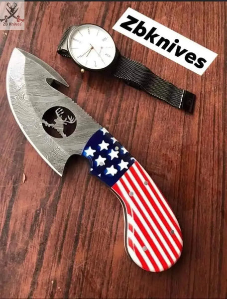 8" Inches HAND FORGED Full Tang Damascus Steel Gut Hook Skinning Knife+ Leather sheath - ZB Knives Store