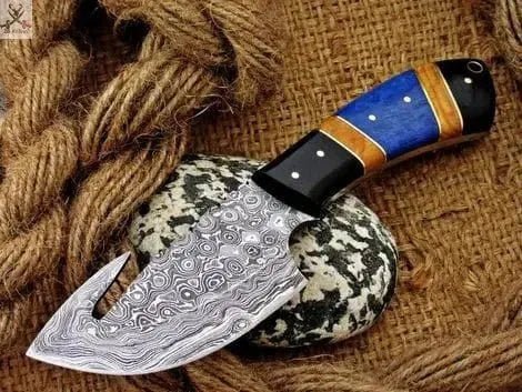 8" Inches HAND FORGED Full Tang Damascus Steel Gut Hook Skinning Knife+ Leather sheath - ZB Knives Store