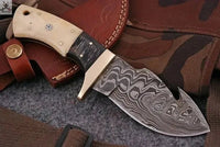 8" Inches HAND FORGED Full Tang Damascus Steel Gut Hook Skinning Knife+ Leather sheath - ZB Knives Store