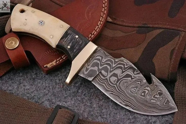 8" Inches HAND FORGED Full Tang Damascus Steel Gut Hook Skinning Knife+ Leather sheath - ZB Knives Store