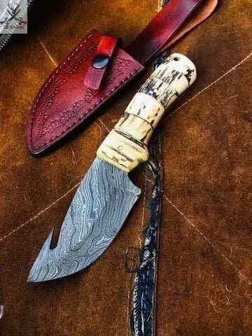 8" Inches HAND FORGED Full Tang Damascus Steel Gut Hook Skinning Knife+ Leather sheath - ZB Knives Store